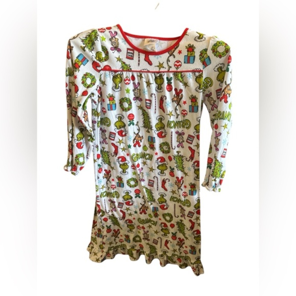 Festive Holiday Nightgown with Grinch Print Girls Size 10 Long Sleeve Pajamas